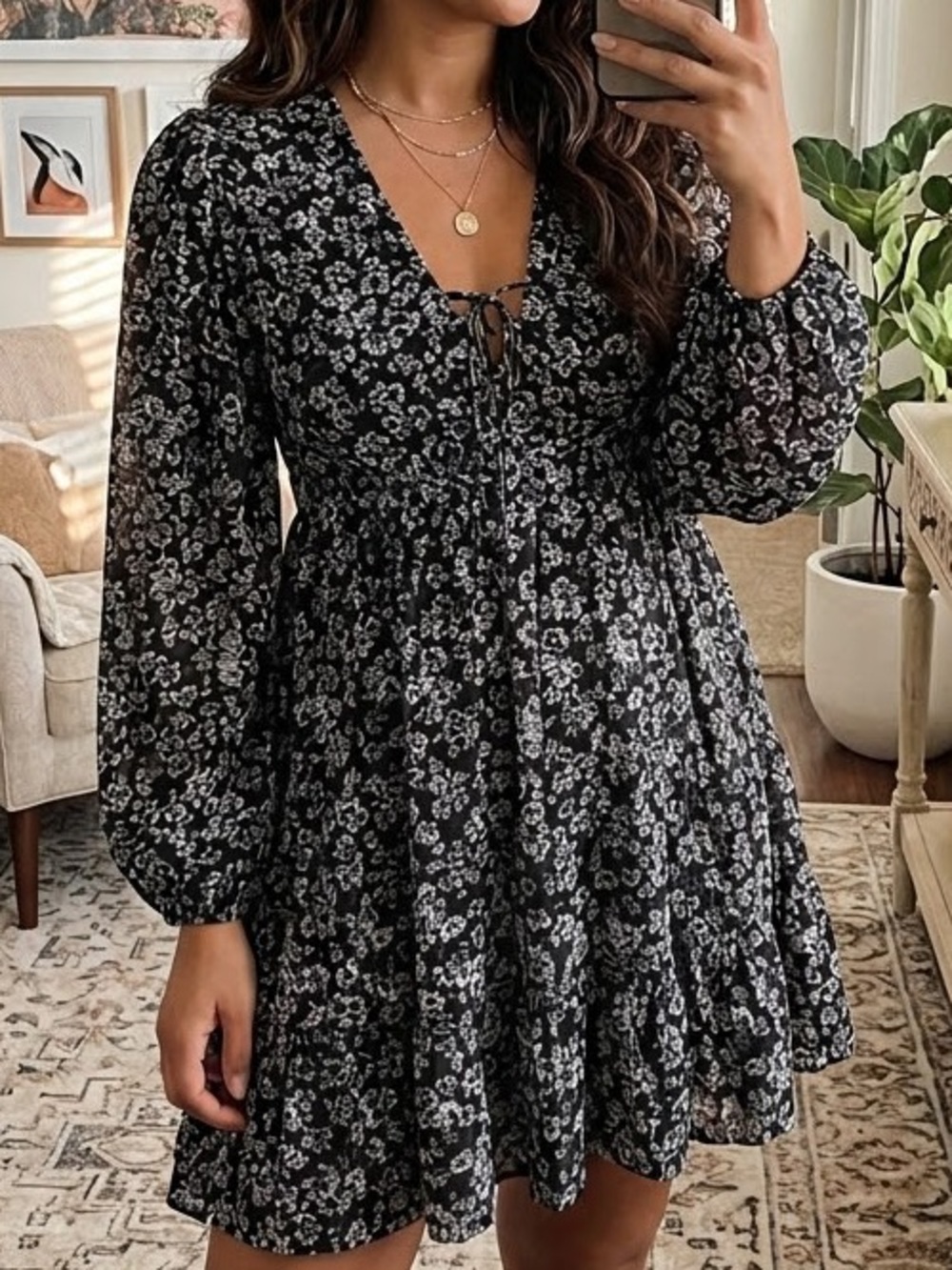 Merlette Lasse Print Mini Dress in Black Stamped Floral Size Large
